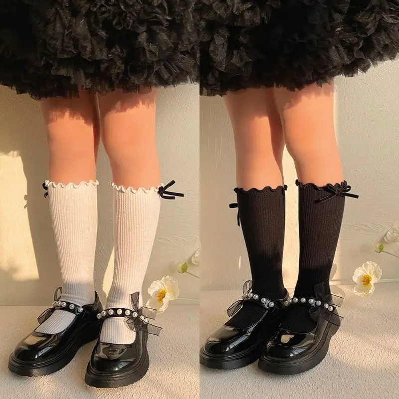 1 Pair Sweet Girl Calf Sock for Kids Black White Color Bow Style Ruffle Knee High Sock for Toddler Soft Cotton Striped Sock