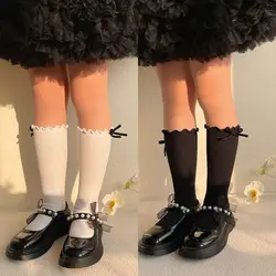 1 Pair Sweet Girl Calf Sock for Kids Black White Color Bow Style Ruffle Knee High Sock for Toddler Soft Cotton Striped Sock