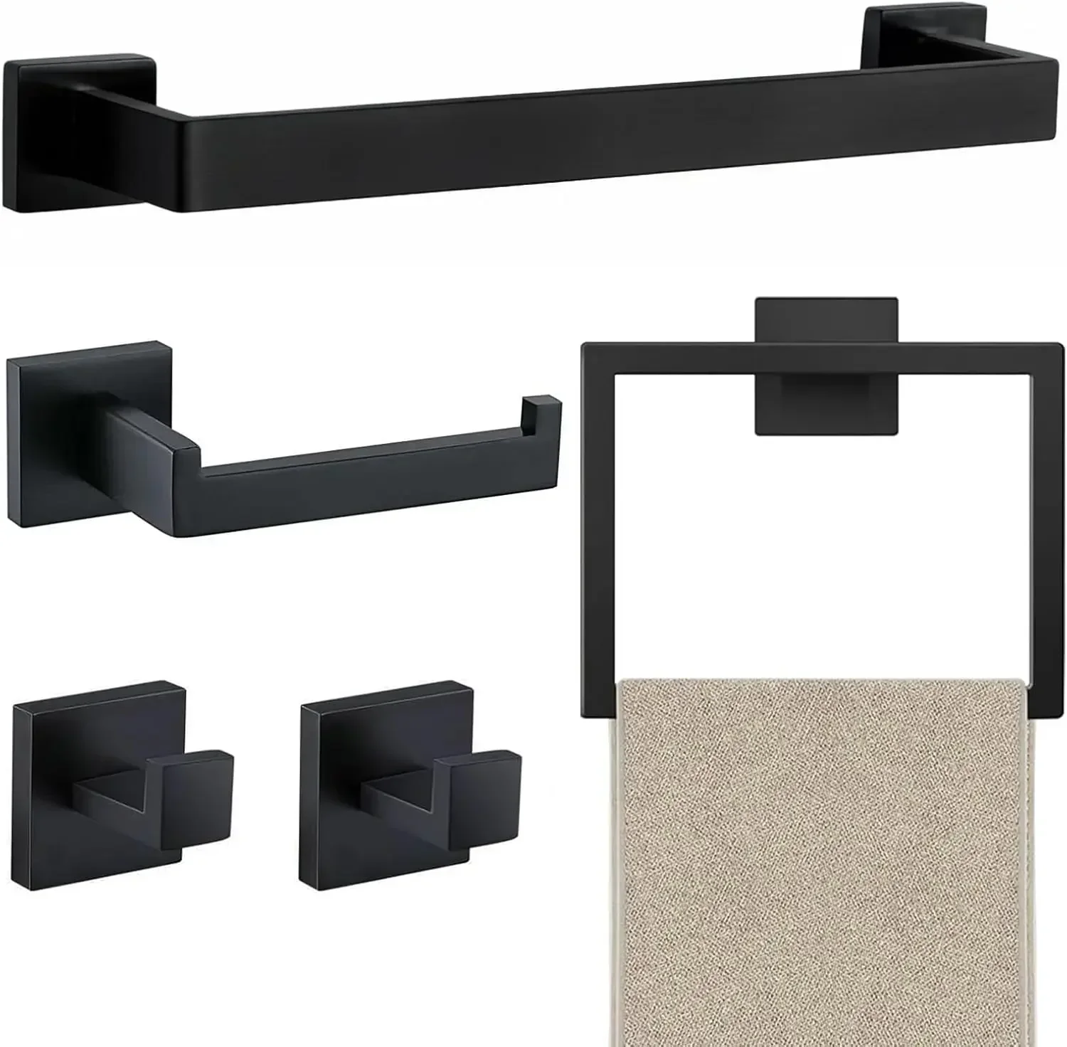 5-Piece Towel Rack Bathroom Towel Rack - Matte Black | Bathroom Wall Mounted Stainless Steel Towel Rack, Bathroom Hardware Accessories Set