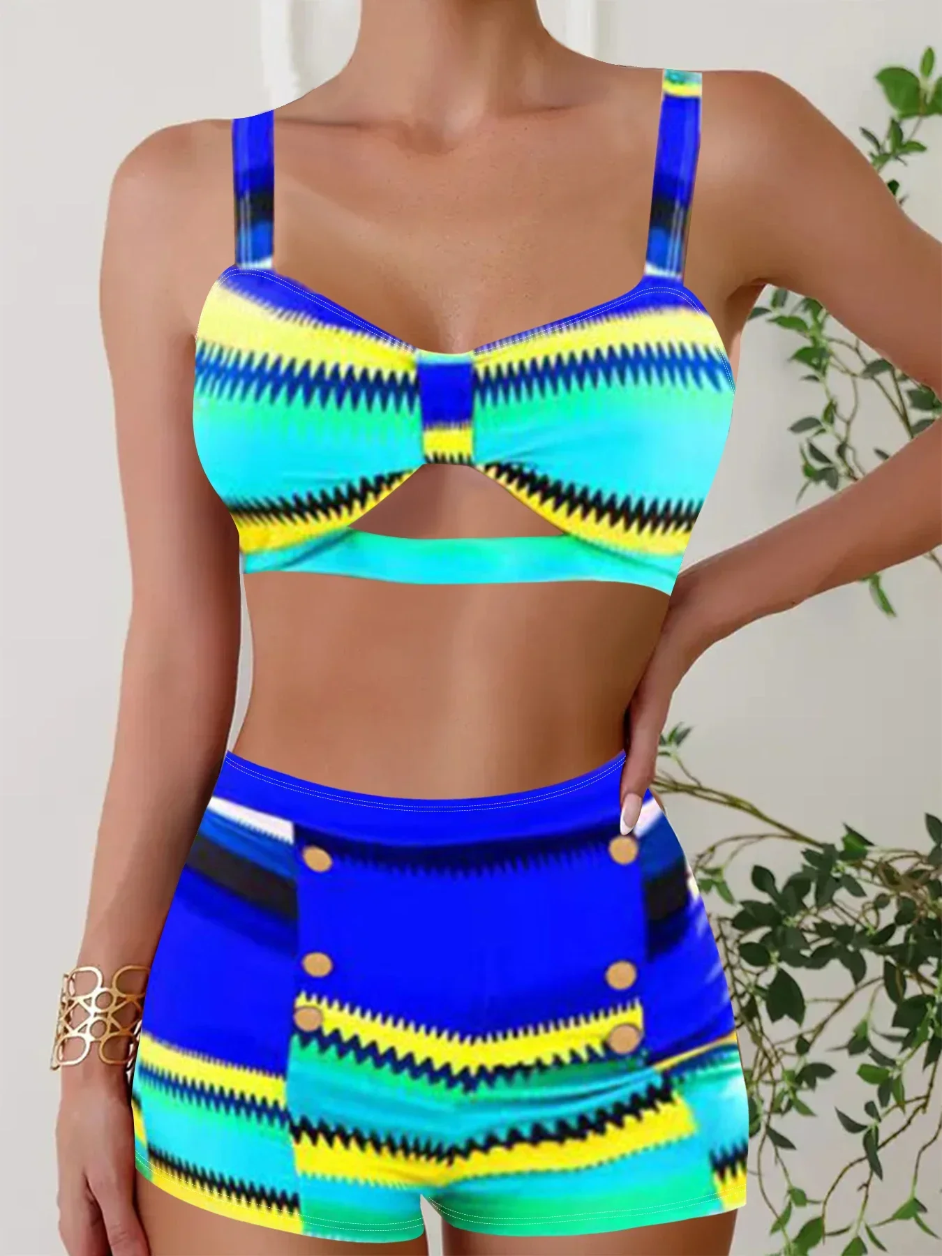 New Summer Ladies Neck Swimsuit Fashion Vacation Retro Colorful Pattern Beach Top Shorts Two-piece SetS-5XL