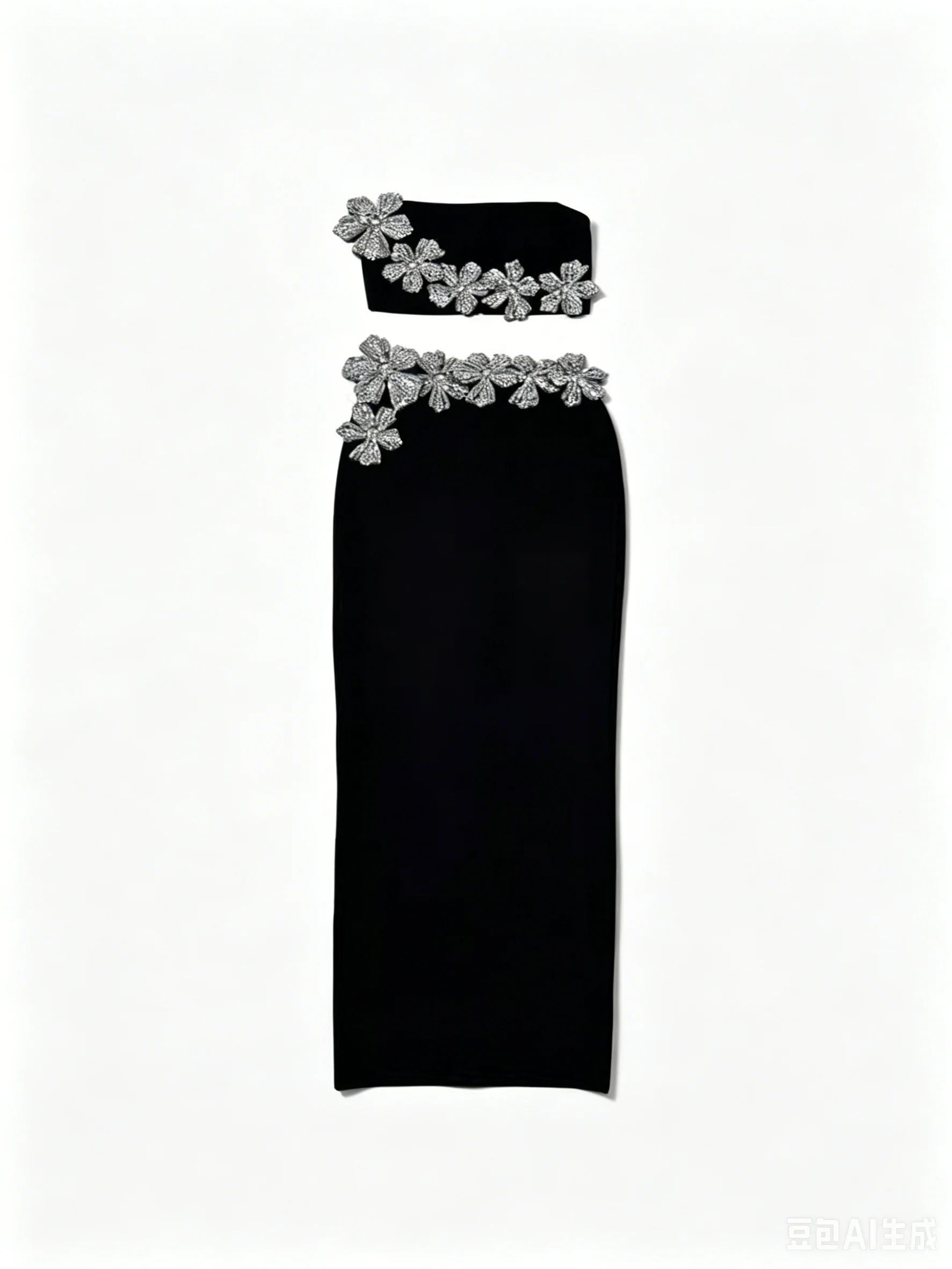 

Fashion Set With Sleeveless Hot Stamping Diamond Strapless Short Top And Long Hip Skirt, Black Bandage, Two Pieces