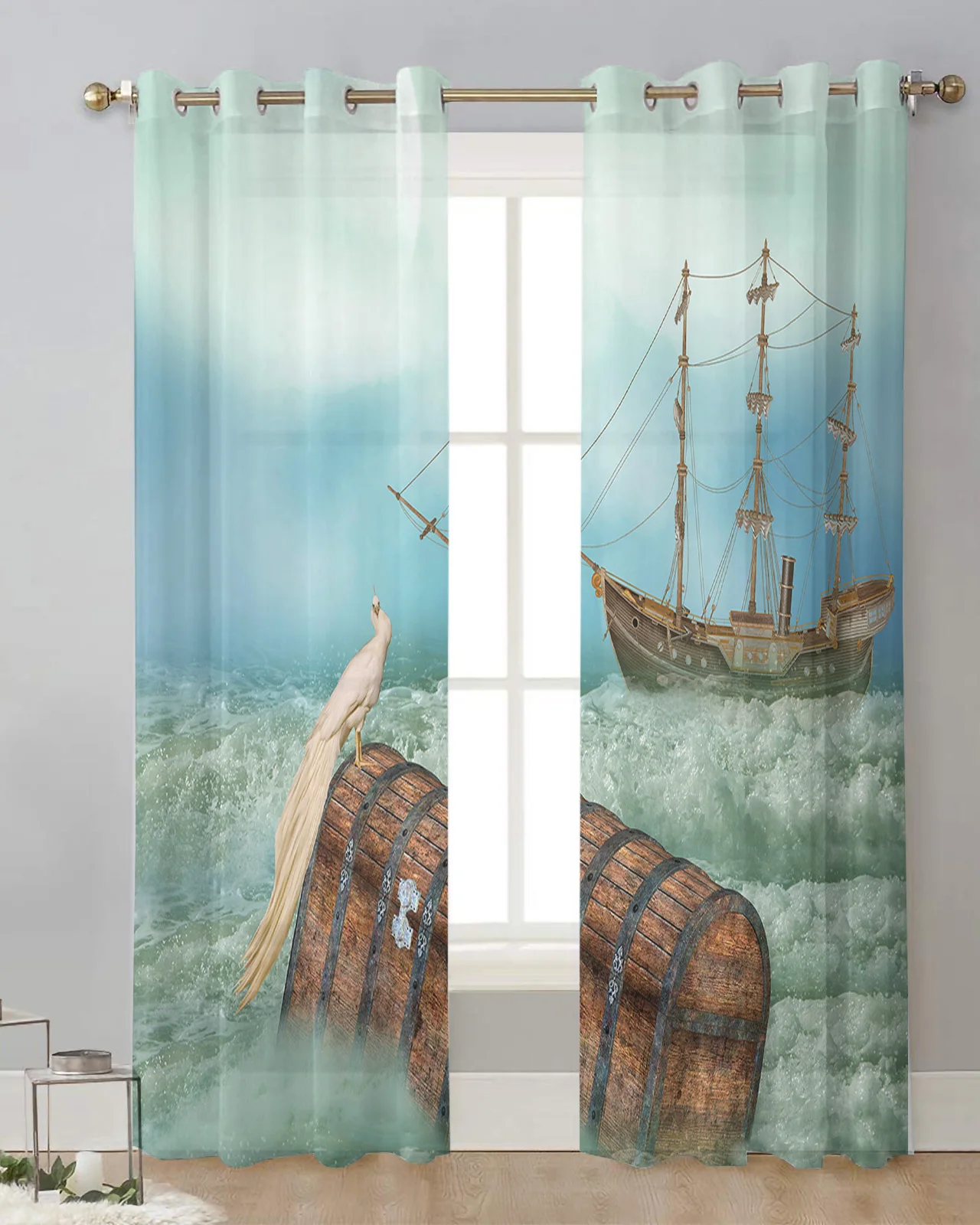 Wave Treasure Chest Boat Bird Peacock Tulle Window Curtains Living Room Bedroom Voile Decorative Curtains Veiling Sheer Drapes