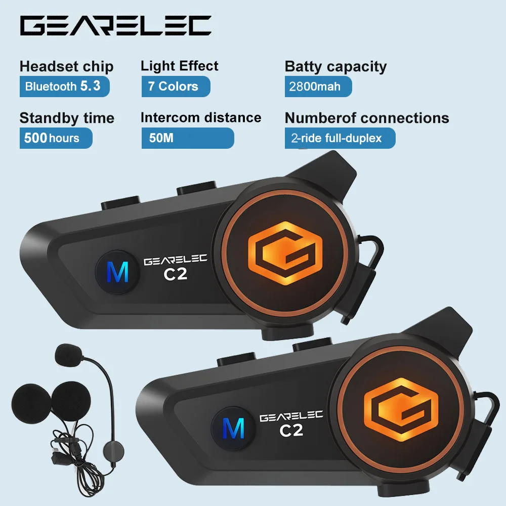 GEARELEC C2 casque de moto Bluetooth Interphone casque 5.3 50m portée 2-Rider IP67 étanche multicolore Communication sans fil