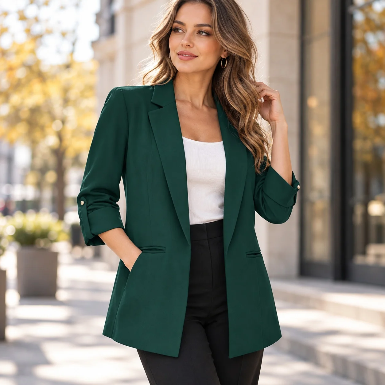 Casual Pockets Suit Loose Fit Elegant Commuter with Autumn Patchwork Regular Sleeve Long Sleeve No Button Closure Women Suit