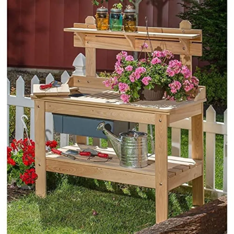 Outdoor Gardening Potting Table Workstation, Cypress Wood, Natural Brown, Foldable Ergonomic Design