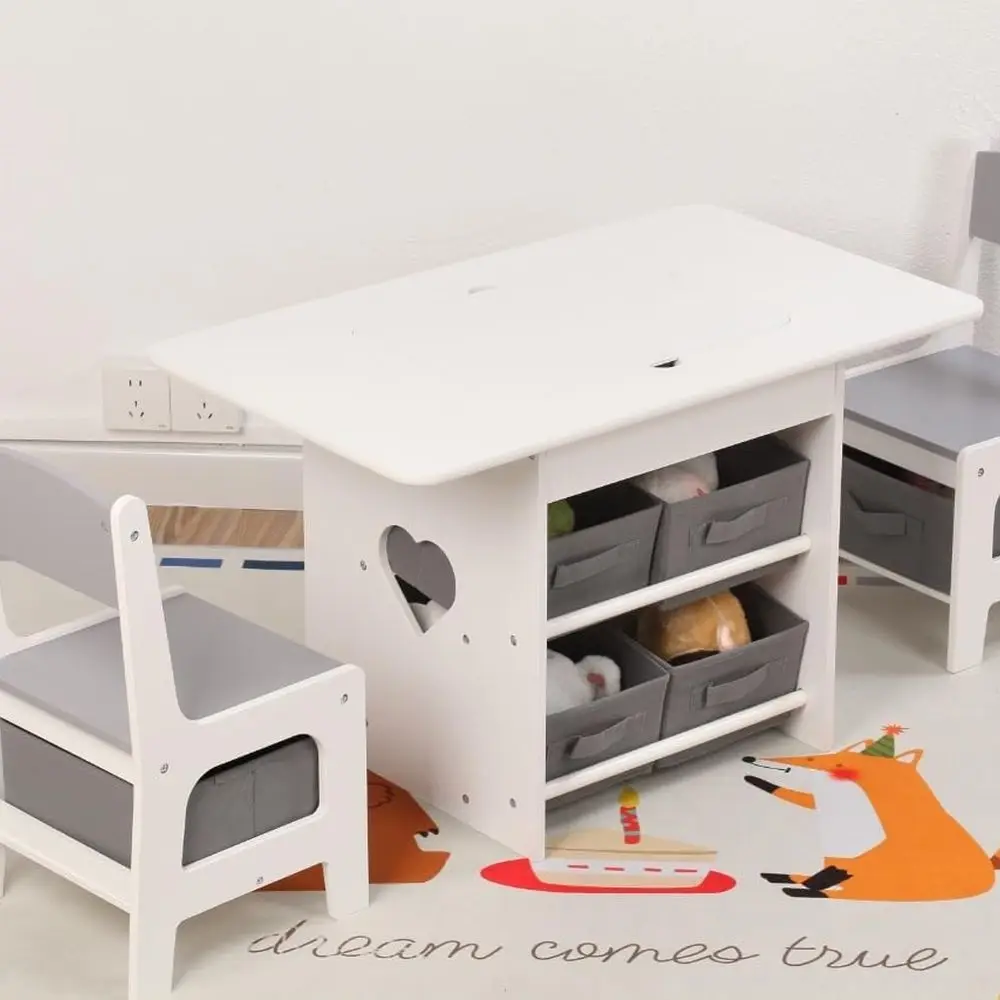 Gray 2-in-1 Kids Table with 2 Chairs and Storage, Building Blocks Compatible Activity Set for Boys & Girls