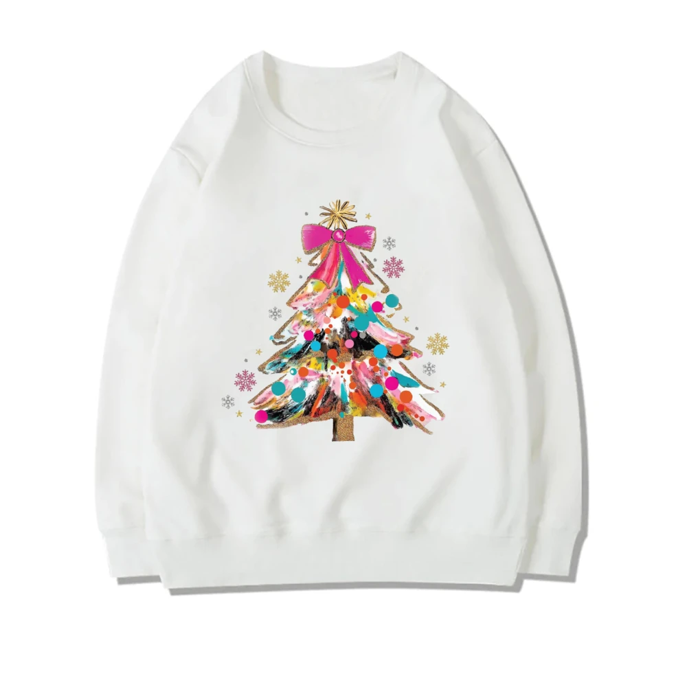 Colorful Coquette Christmas Tree Print Sweatshirt Girly Christmas Tree Bow Hoodie Winter Girl Long Sleeve Clothes Xmas Party Top