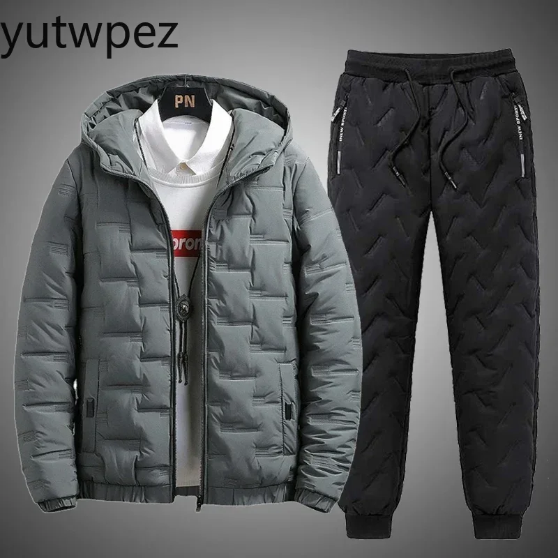 

Tracksuit Men Winter Warm Men Down Cotton Jacket Zipper Coat+Down Pants Two Piece Sets Fashion Mens Joggers Set Sweat Suit 5XL