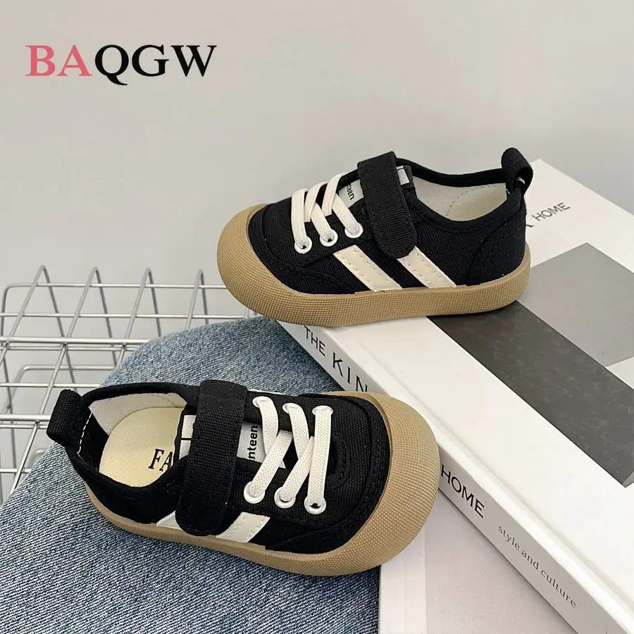 Velcro Strap Retro Striped Canvas Sneakers Soft Non‑slip Rubber Sole Casual Footwear for Toddler Boys Girls Daily Outdoor Wear