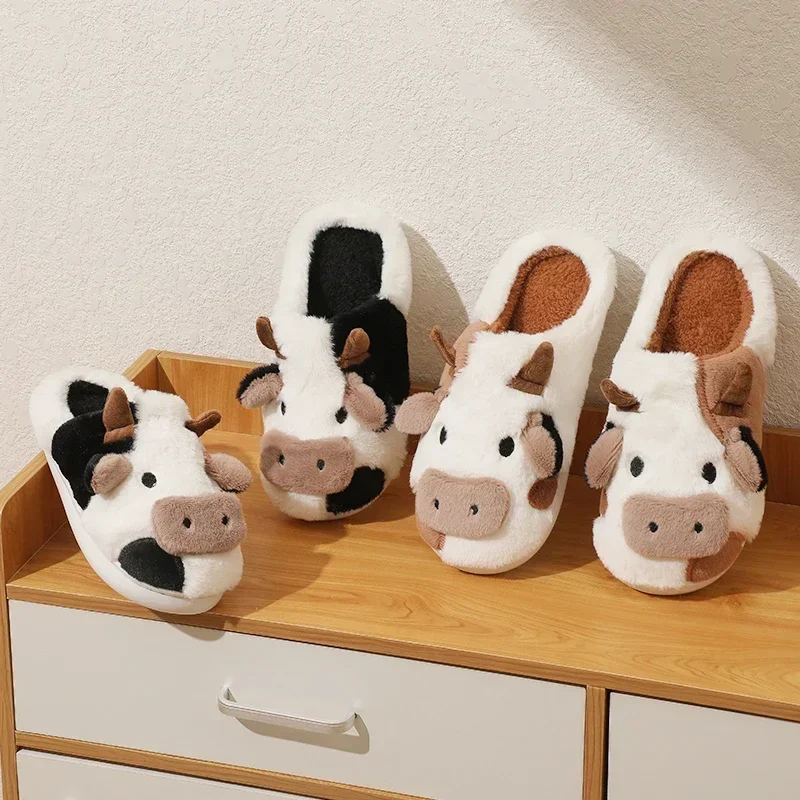 Winter Unisex Family Look Shoes Cartoon Cow Warm Children\'s Plush Slippers For Girls Boys Indoor Non-slip Mule Home Cotton Shoes