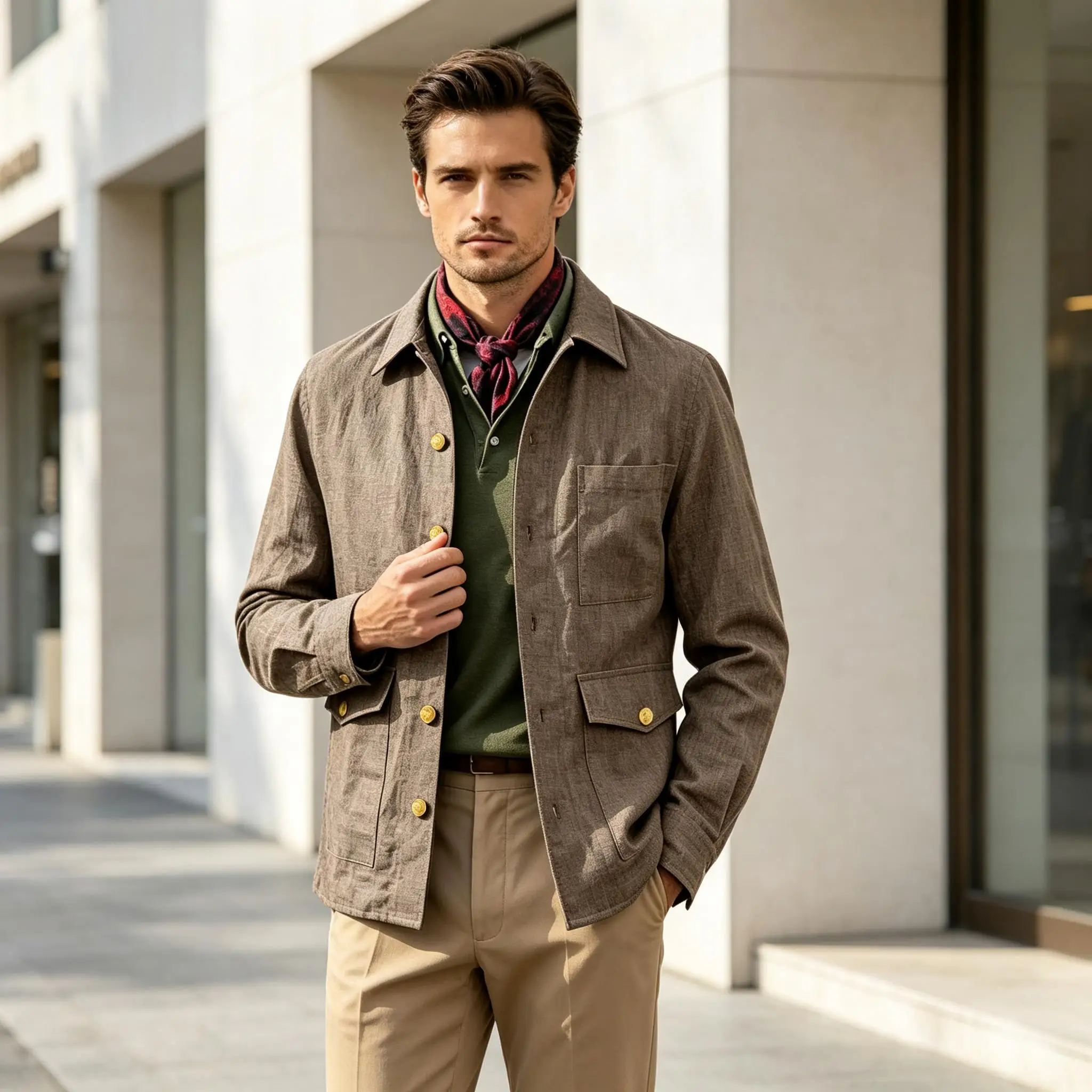 Men Linen Blend Overshirt Jacket Multi Pockets Turn‑down Collar Casual Daily Travel Business Casual Men Outerwear