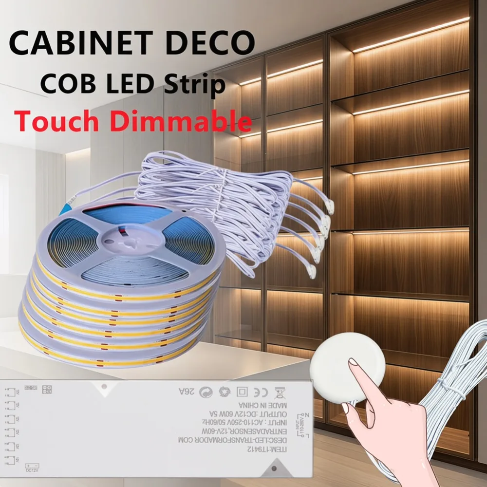 12V COB LED Strip with EU/US Plug Touch Dimmer Switch Adhesive Backing for Cabinets Shelf Closet Kitchen Lighting Dimming Set