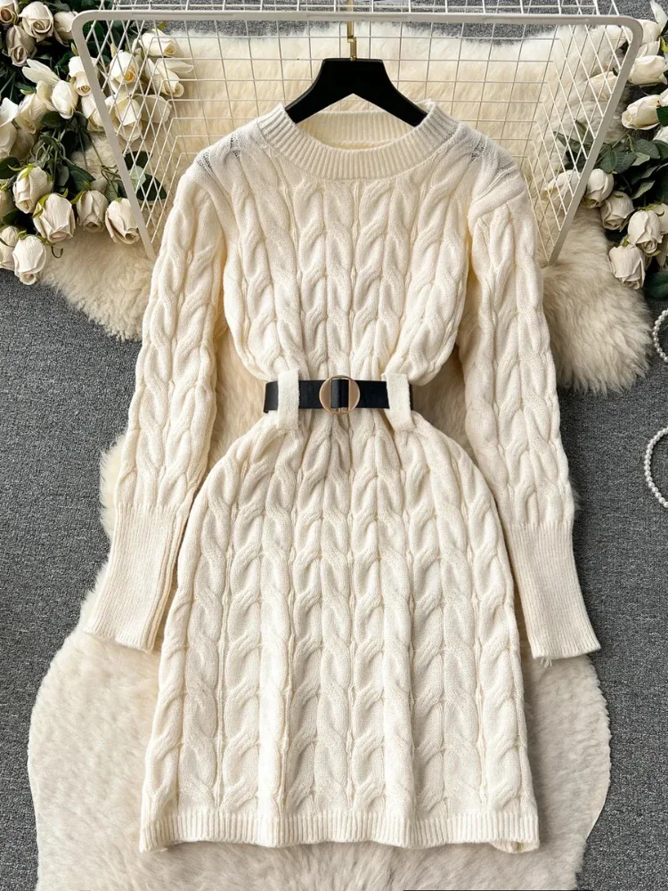 Autumn Chic Office Lady Knitted Dress Women Twist Drill Shaped Long Sleeves Belt Solid Dress Women Female Senior Fashion Sweater