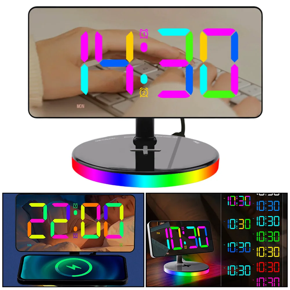 

Красочный зеркальный будильник RGB с беспроводной зарядкой, настольные электронные часы, автоматически входят в отображение низкой яркости