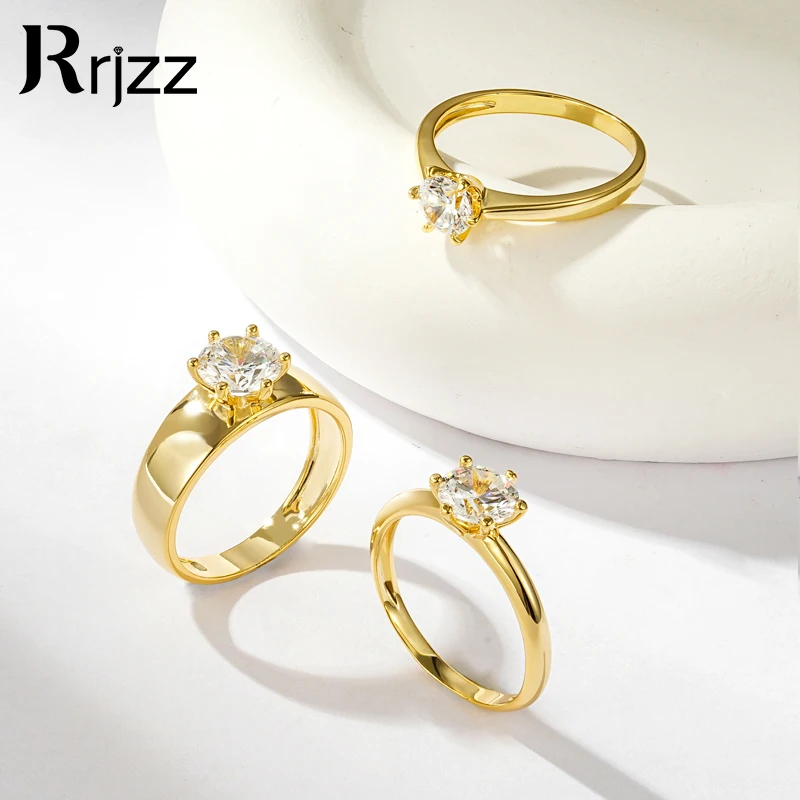 

Rrjzz Round Brilliant Cut Six Prong Solitaire Cubic Zirconia CZ Wedding Promise Rings 14k Gold Plated Women Engagement Rings