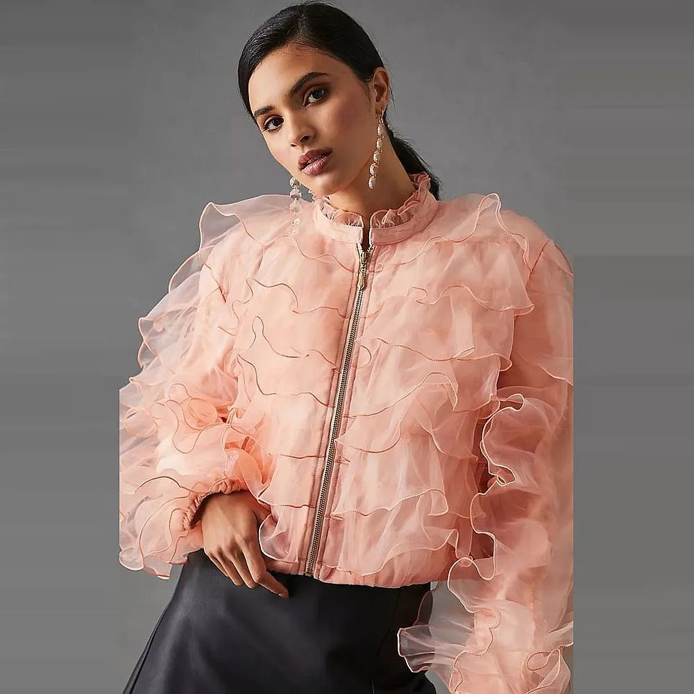

Blush Pink Tulle Coat With Long Sleeves Tiered Ruffles Women Top With Zipper Normal Length Tulle Birthday Party Pleated Jacket