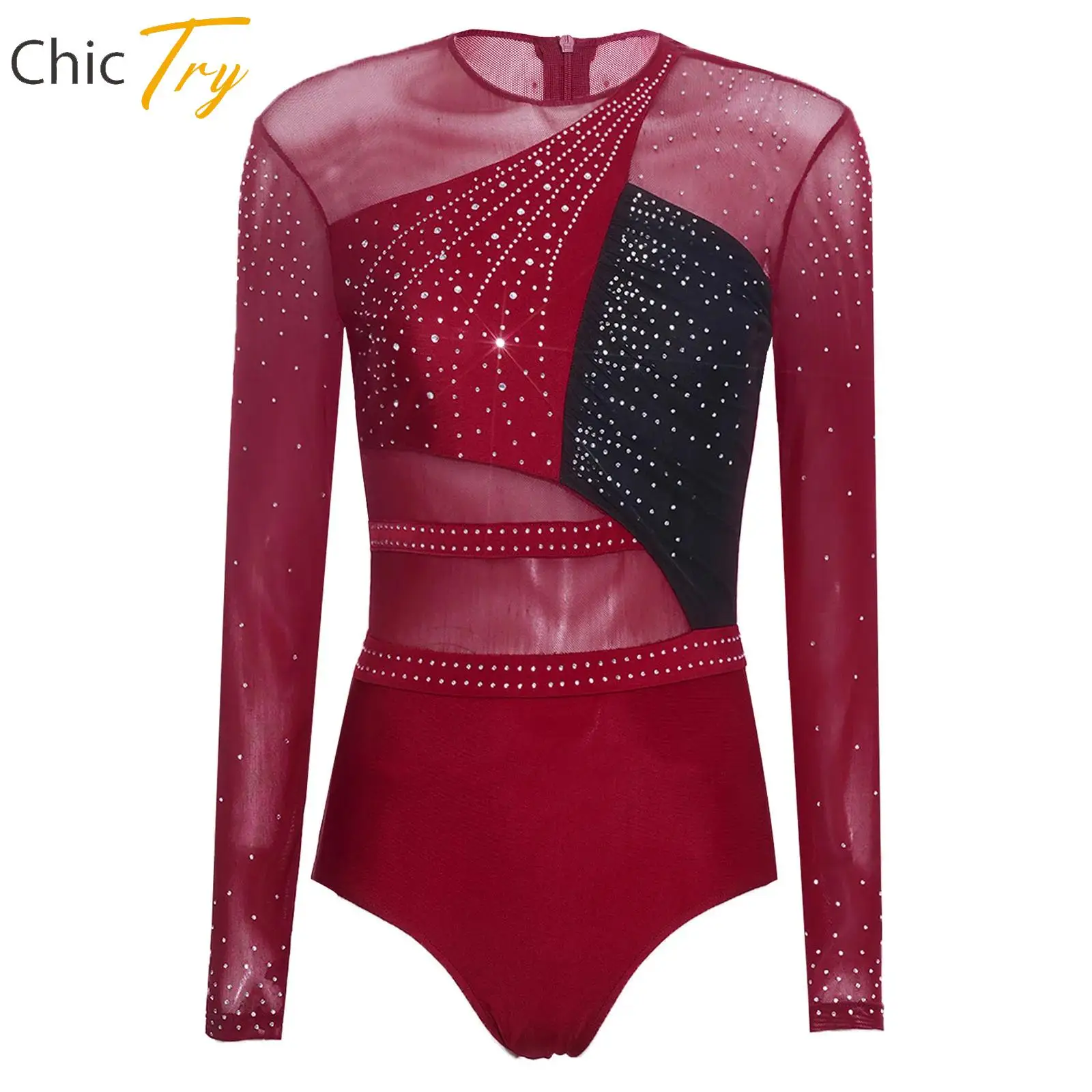 

Figure Skating Leotards for Dance Ballet Gymnastics Performance Dancewear Rhinestones Long Sleeve Unitards Bodysuit Jumpsuit