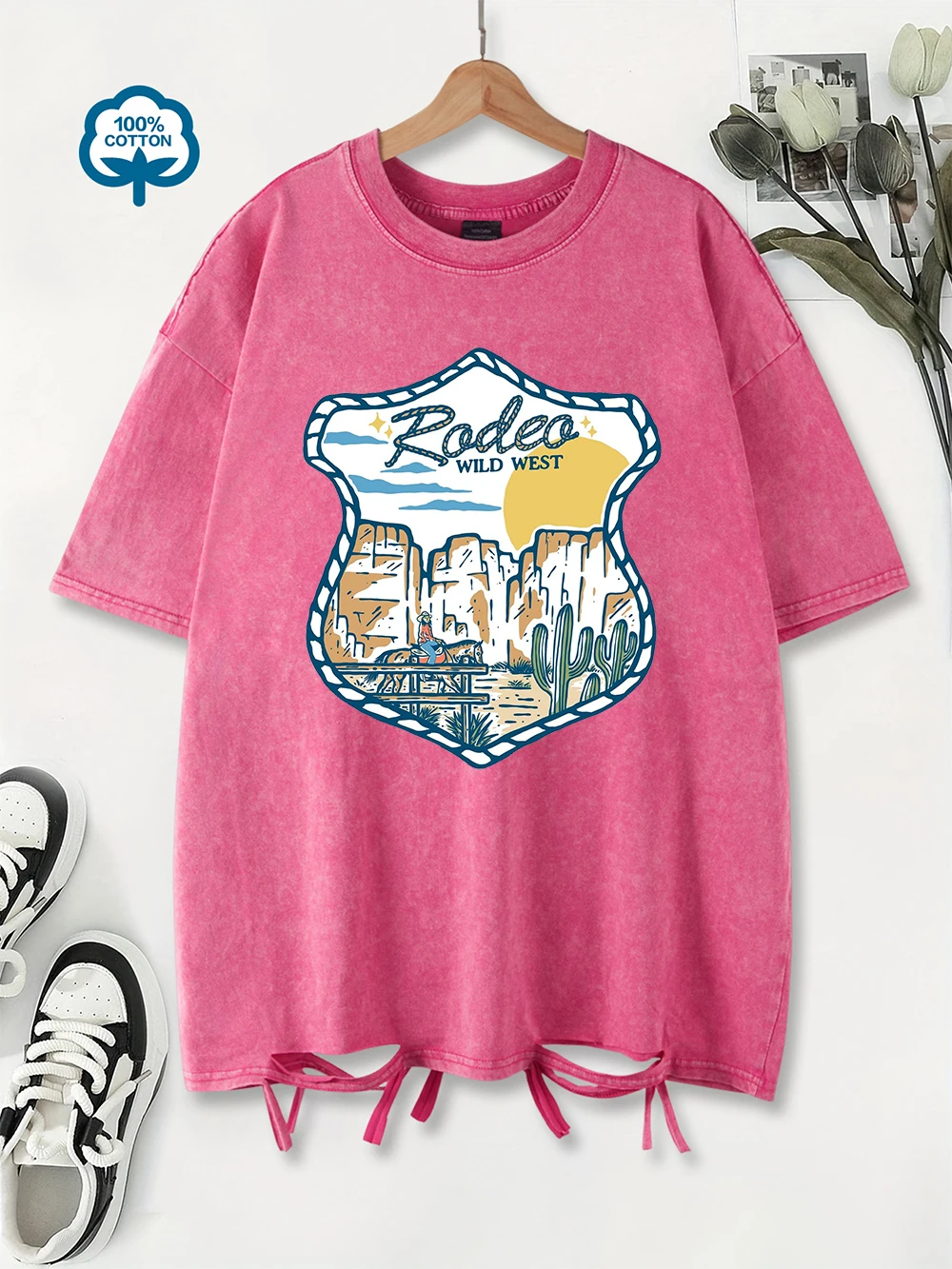 

Oversized Washed T-Shirt Women Cotton Rodea Wild West Printing Tops Summer Comfortable O-Neck T Shirts Vintage Womans Clothes