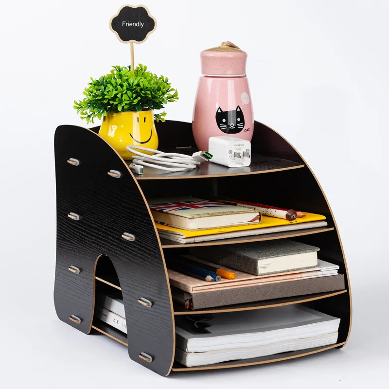 Large Capacity Curved Desktop A4 Storage Box Wooden File Rack Non-Slip Combination organizer