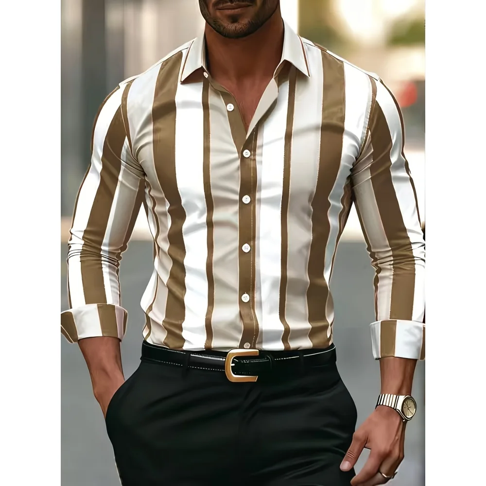 

Повседневная полосатая дизайнерская деловая повседневная рубашка с 3D принтом, летняя мужская рубашка с длинными рукавами и лацканами, мужские модные рубашки на пуговицах