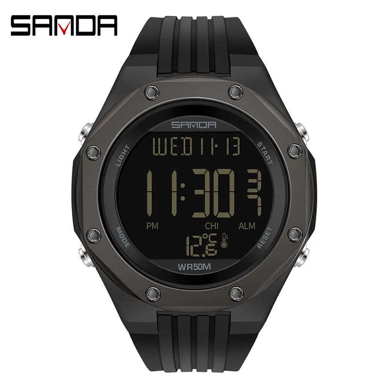 SANDA NEW Fashion Military Men\'s Watches Body Temperature Monitor 50M Waterproof Sports Watch LED Electronic Wristwatches 6028