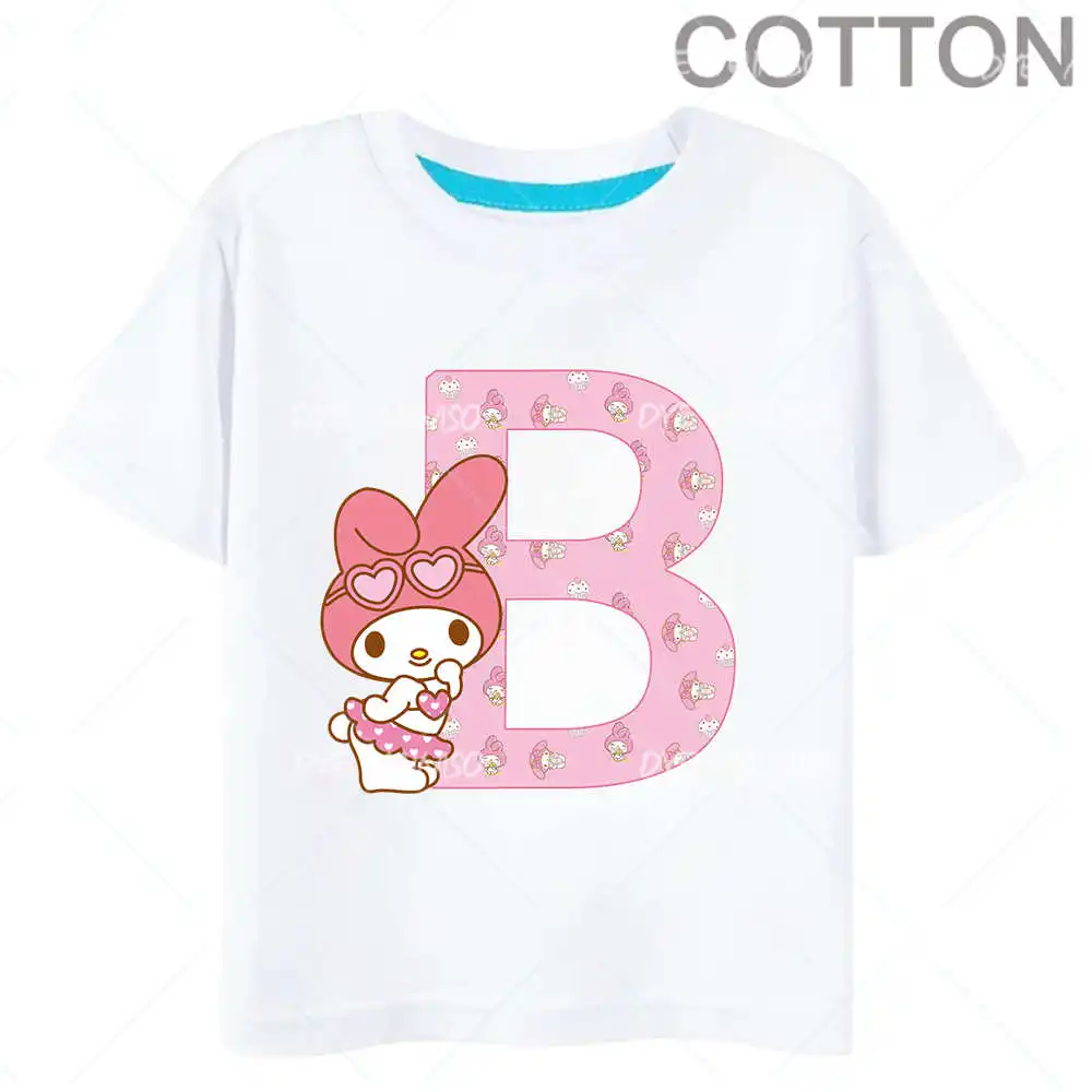 Camiseta de Algodão Kawaii infantil, Melodia, Carta Anime, ABCD, Camisetas de Combinação de Nome, Cartoons Brancos, Criança, Casual, Garota, Garoto, Harajuku