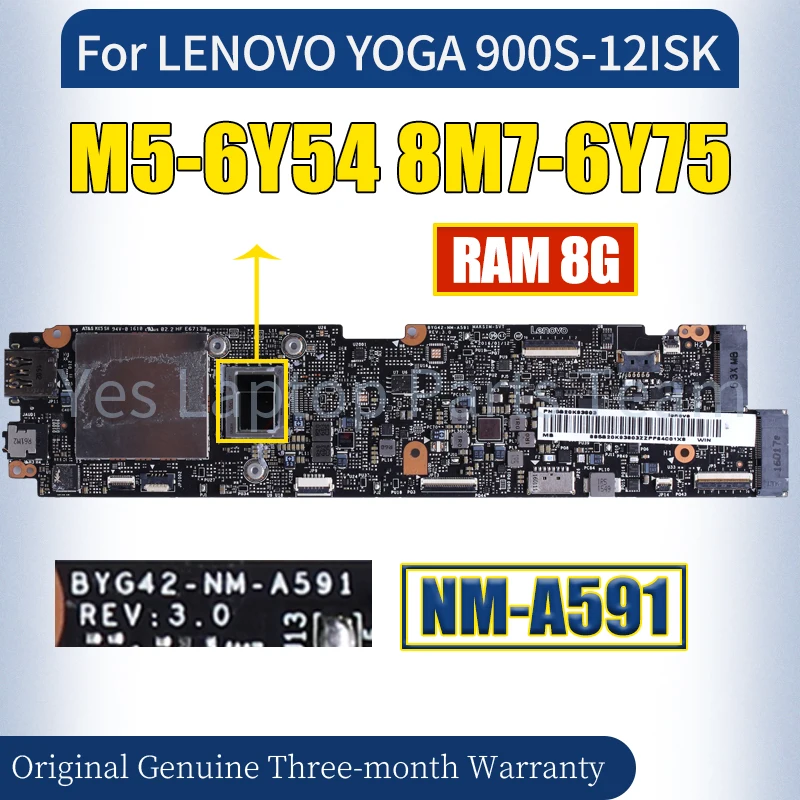 NM-A591 For LENOVO YOGA 900S-12ISK Laptop Mainboard M5-6Y54 M7-6Y75 8G 5B20K93811 5B20K93803 Notebook Motherboard 100％ Tested