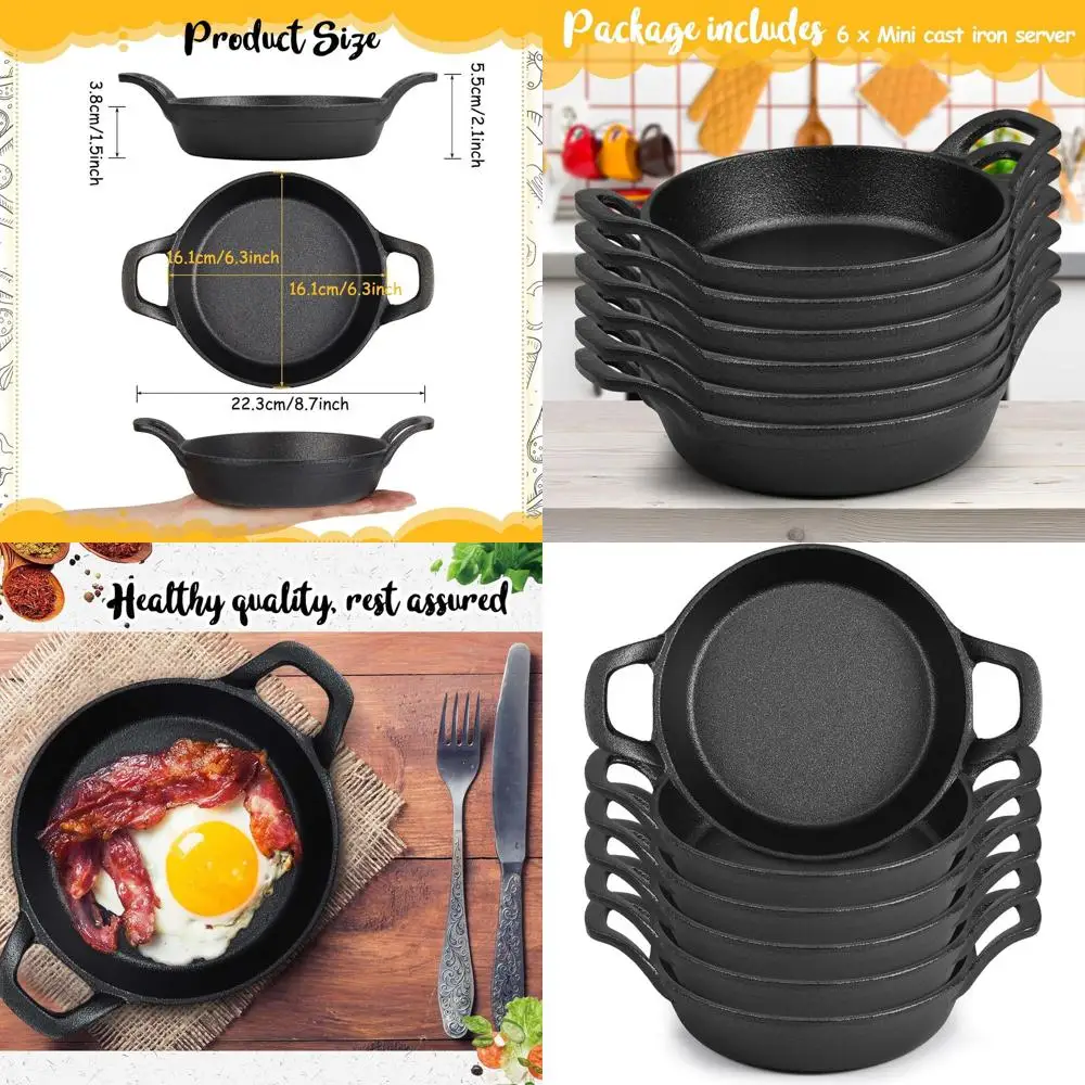 

Set of 6 Mini Cast Iron Skillets, 6.3 x 6.3 x 1.5, Black Casserole Dishes, Oven-Safe, Ideal for Kitchen and Outdoor Cooking