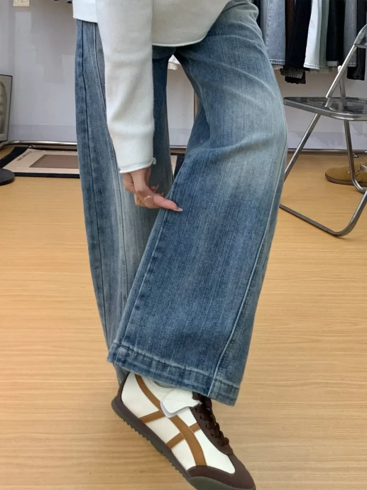 プラスサイズ ハイウエスト ブルー ジーンズ レディース ストレートレッグ ワイドレッグパンツ 梨型体型 着痩せ ルーズフィット カジュアルウェア