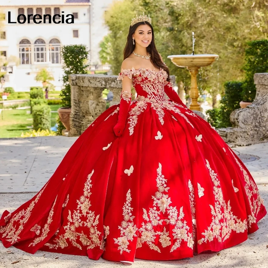 Lorencia Velvet Red Quinceanera Dress Ball Gown Gold Lace Butterfly Applique Long Sleeve Sweet 16 Vestidos De 15 Años YQD702