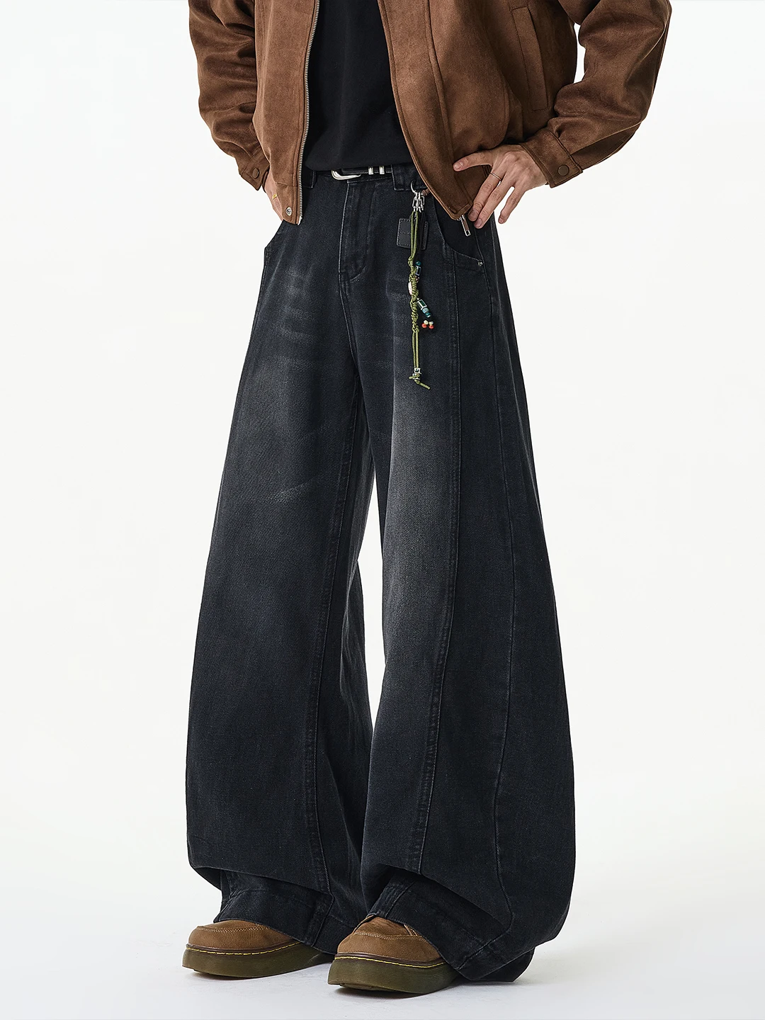 

Black Deconstructed Patchwork Men's Jeans Summer High Street Trend Loose Straight Leg Long Pants American Wash Wide Leg Trousers