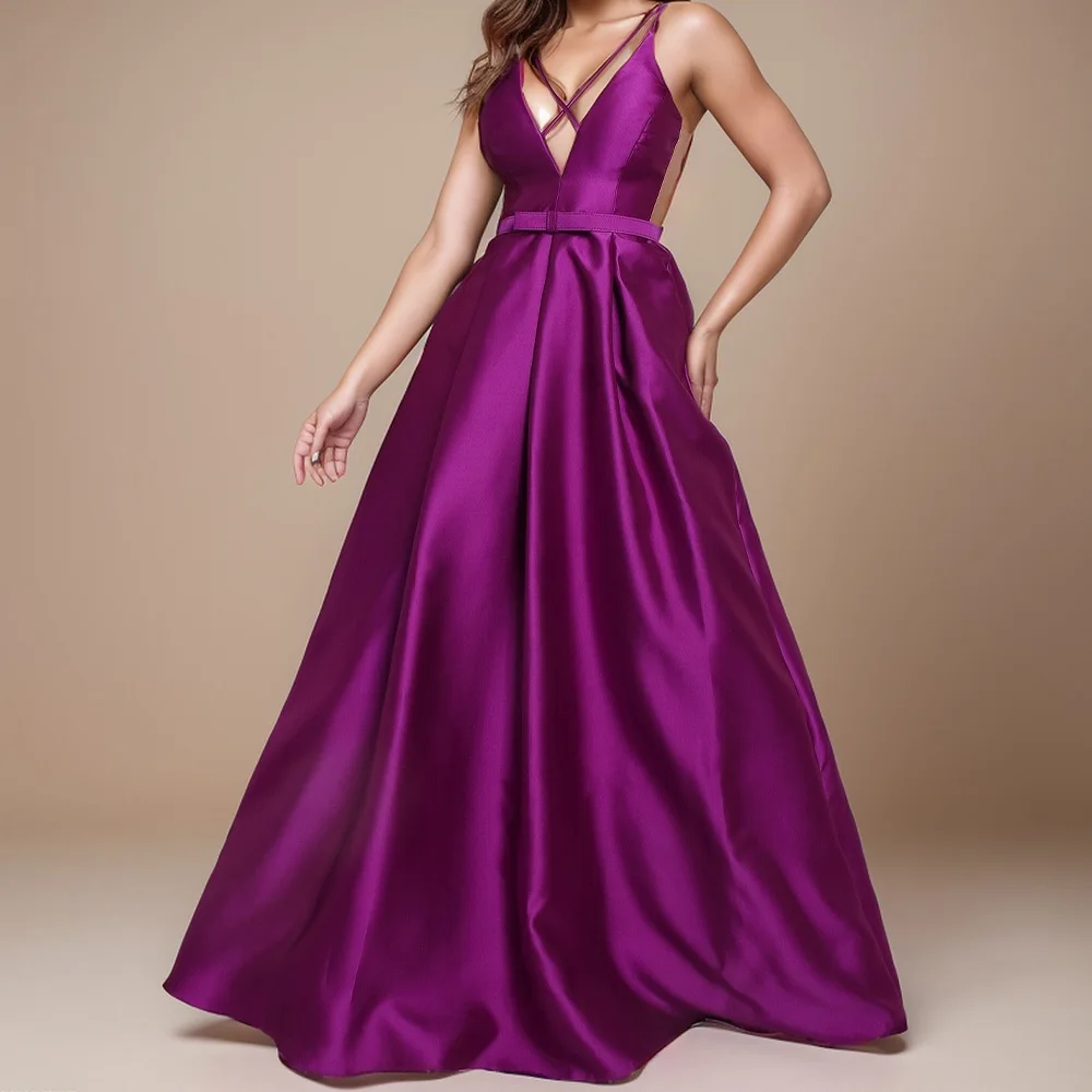 

CustomizedA-Line Pleats Sleeveless Floor Length Sweep Train Solid Color Satin V-Neck Spaghetti Straps Sahesl Bespoke Occasion Go