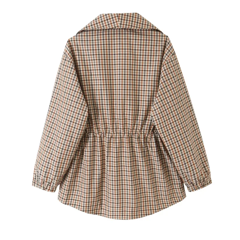 2026 Herbst Damen Karierter Trenchcoat mit Großem Revers, Taillenband, Loser Schnitt, Lange Jacke mit Taschen, Lässiger Windbreaker, Damen-Oberbekleidung – Detail 7