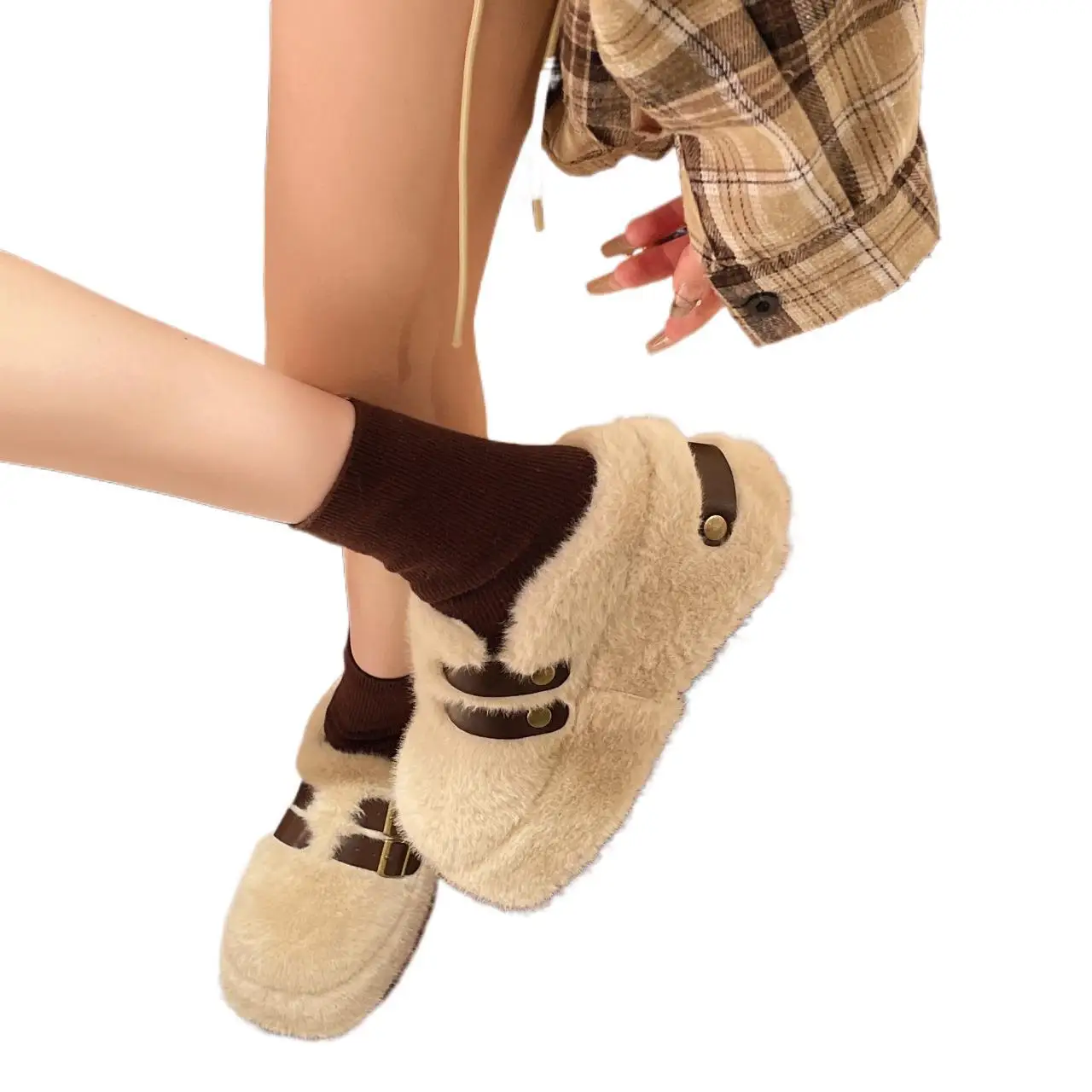 Pantoufles moelleuses à fond épais, vêtements d'extérieur en velours à une pédale, petites pantoufles en coton augmentant la hauteur, automne et hiver