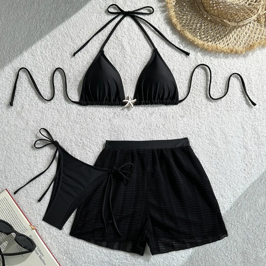 

2026 Solid Color Sexy Three-Piece Skirt Mesh Bikini Set Beach Swimsuit Summer Swimwear with Sheer Cover Up High Waist Bottom