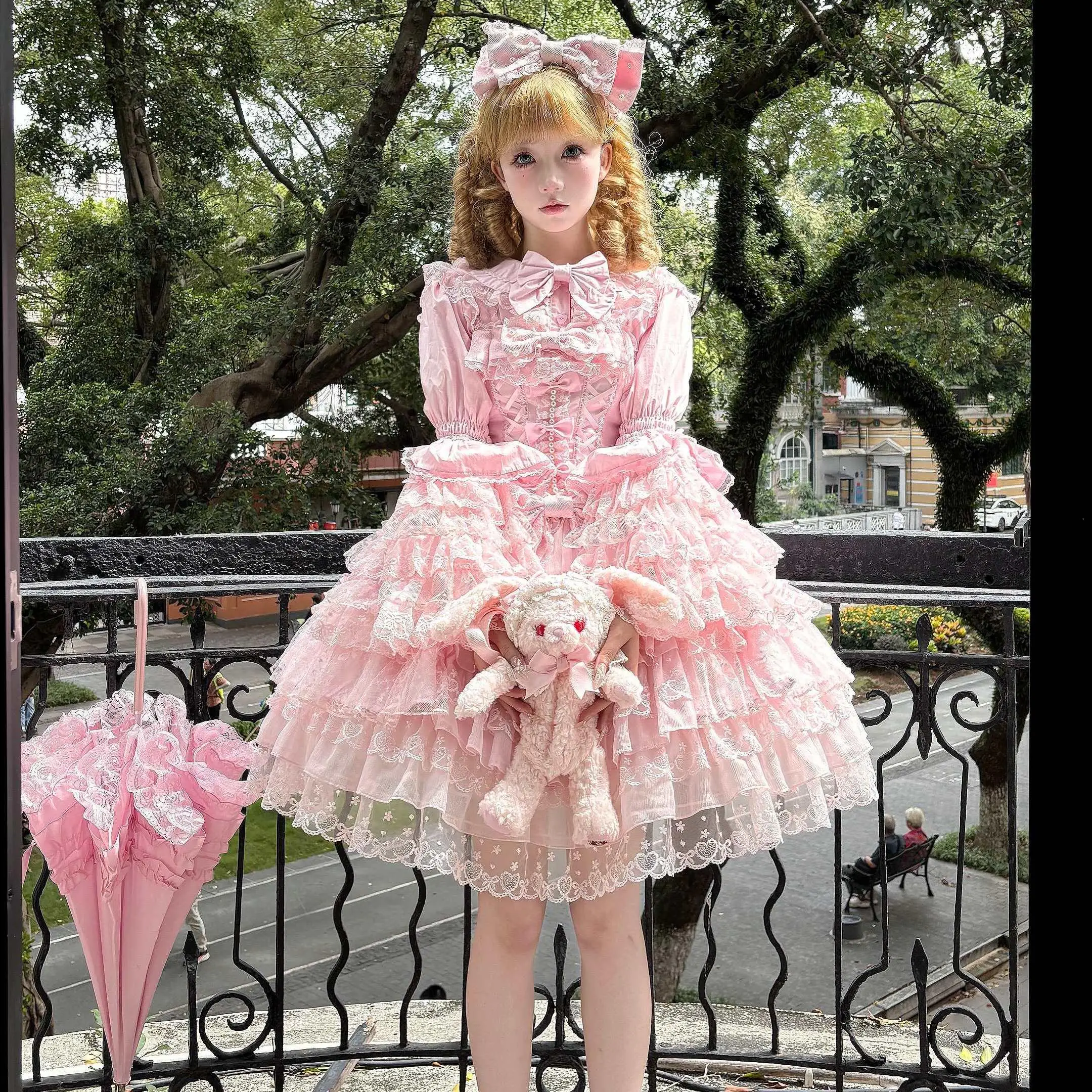Original Lolita Pink Flower Wedding Dress Jsk Girls Summer Sweet Slim-Fit Elegant Lace Edge Princess Dress Y2k Fairy Dresses