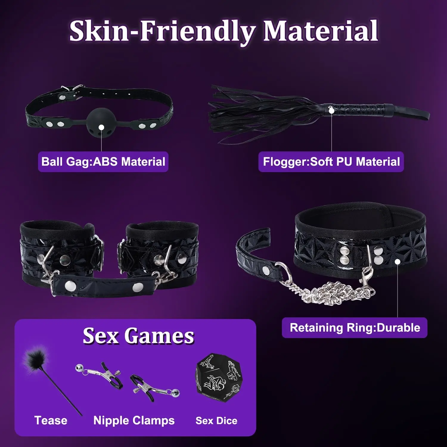 BDSM Restrições Bondage Gear Kit, Brinquedos Sexuais e Acessórios, Jogos Sexuais para Casais, 10Pcs