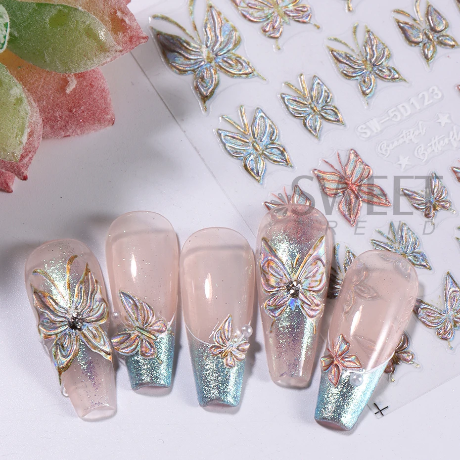 2pcs 5D นูนผีเสื้อสติกเกอร์เล็บ Luxury Glitter Aurora กลีบผีเสื้อตกแต่งเล็บสติ๊กเกอร์ DIY เล็บ Slider