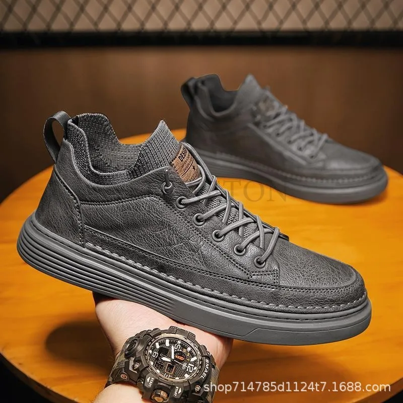 Men Vulcanized Shoes New Style Genuine Leather Casual Spring Fashion Comfortable Thick Soled Vulcanized Tennis Shoes for Men