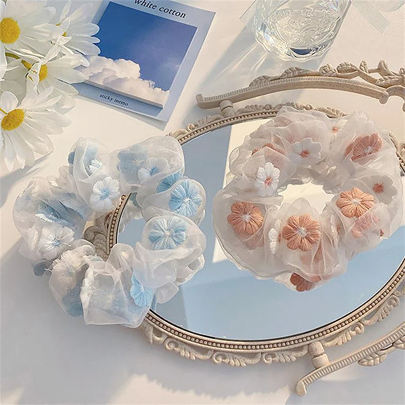 

New Organza Hair Rope Embroidery Flowers Forest System Scrunchies Ponytail Transparent Tulle Romantic Pink Blue Hair Accessories