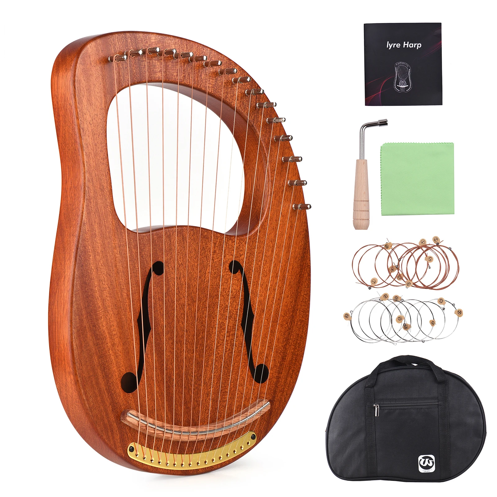 WH-16 16-String Wooden Lyre Harp Metal Strings Solid Wood String Instrument with Carry Bag Tuning Wrench Cleaning Spare Strings