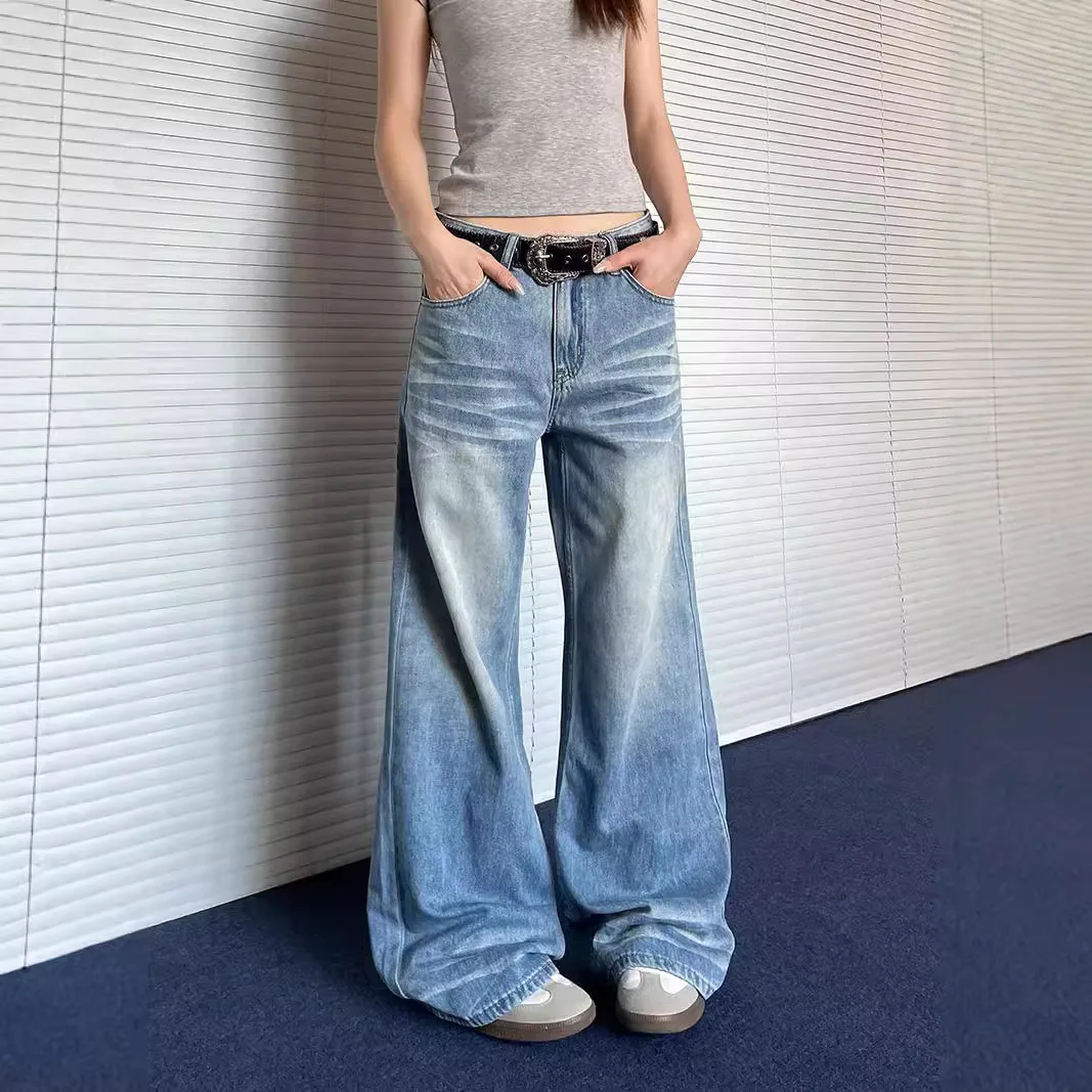 Women's Low Rise Baggy Jeans Washed Straight Wide Leg Denim Pants Casual Loose Boyfriend Jean Streewear Trousers