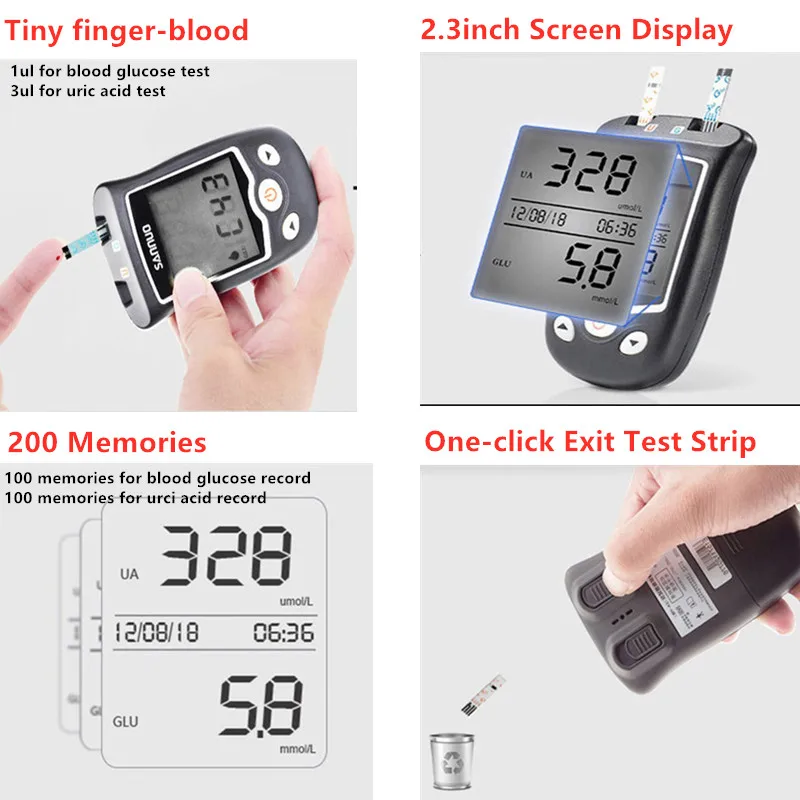 Sinocare EA-11 Uric Acid Blood Glucose Testing Meter Kit mmol/L Diabetes Tester Strips with Lancets Blood sugar Monitor