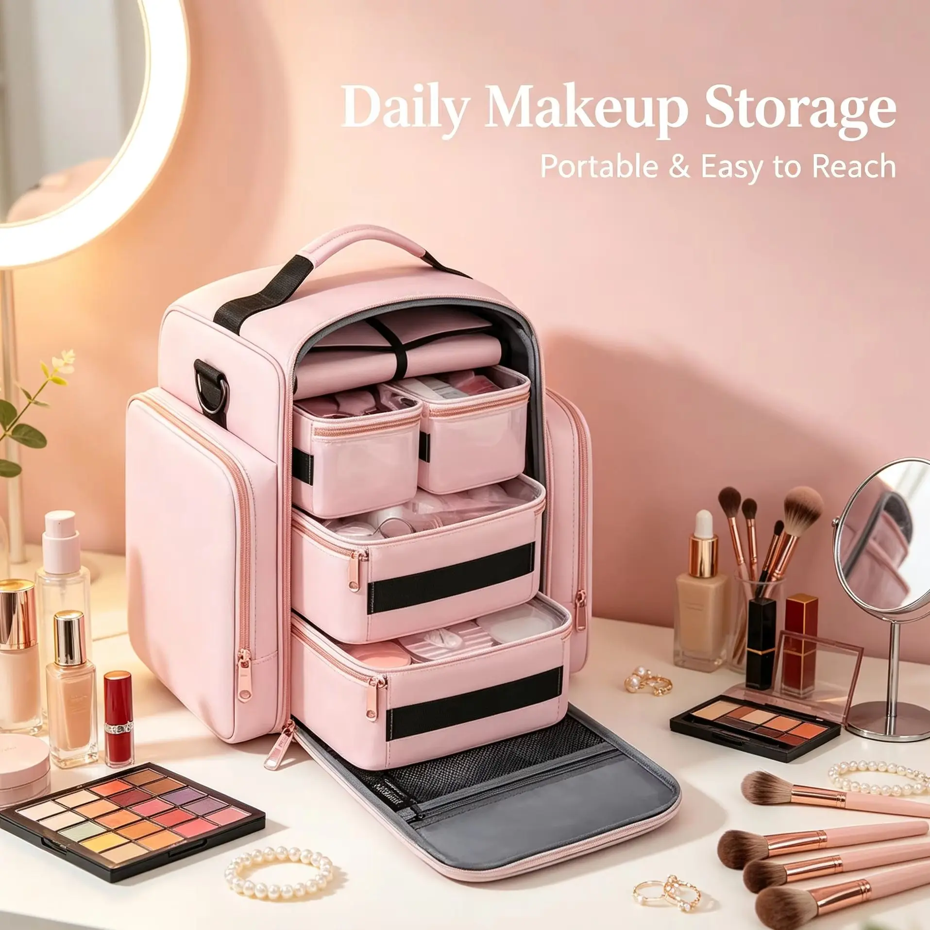 4 Removable Divided Boxes Makeup Bag Splash-Proof Shockproof Large Capacity Cosmetic Organizer with Mesh Pockets Portable Artist