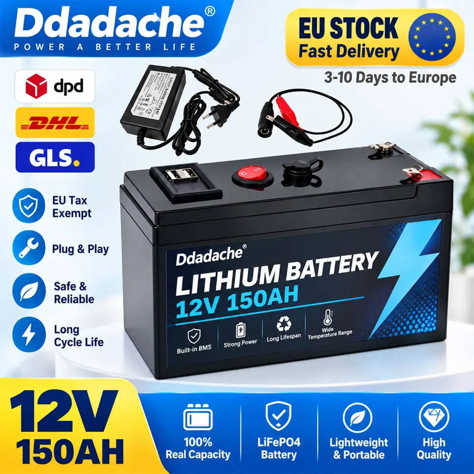 12V 150Ah LiFePO4 Lithium Battery Built-in BMS, 4000+ Deep Cycles, Poland Warehouse, for Solar Panel UPS Kayak Fish Finder Radio