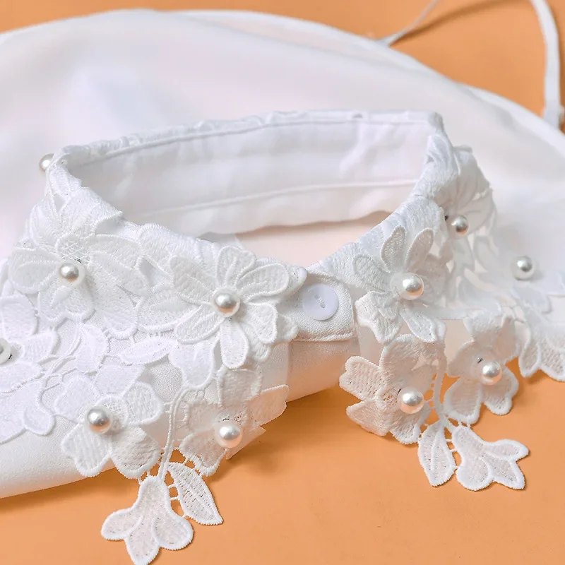Linbaiway Women Embroidered Lace Tie Detachable Collars Floral Sweater Lapel Fake False Collar Female White Button Blouse Tops