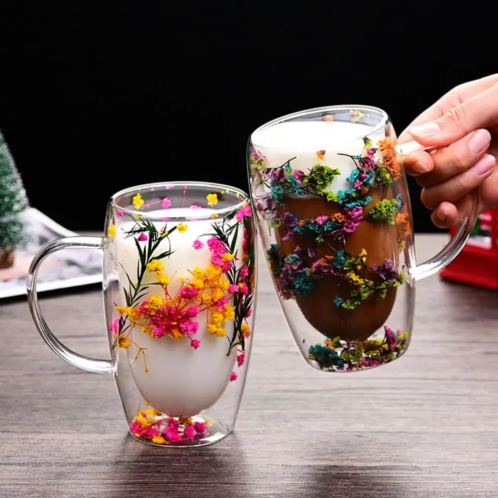 Layer Glass Mug Double Wall Glass Mug with Flower Glitter 450ml Capacity Heat Resistant Coffee Cup Set of 4 Insulated Espresso