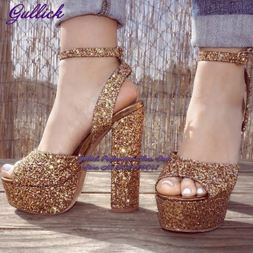 Gullick Bling Bling Golden Heels Sequined Gladiator Platform Sandals Glittering Open Toe Chunky Heels Paillette Wedding Shoes