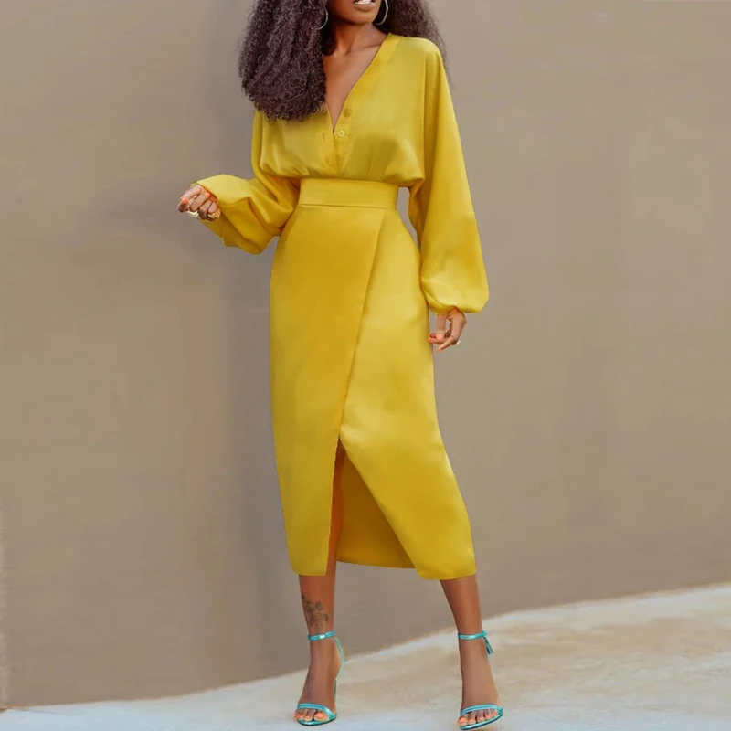 

Modigirl 2 Pieces Skirts Bottoms Set for Woman 2025 Autumn Spring Yellow Long Sleeves Tops Split-Front 2 Piece Sets Woman Outfit