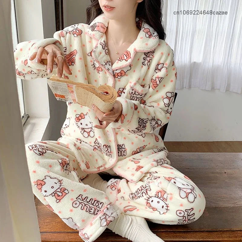 Sanrio Hello Kitty Plush Pajama Suit Women Korean Fashion Home Clothes 2 Piece Set Coral Velvet Tops Trousers Y2k Cute Sleepwear